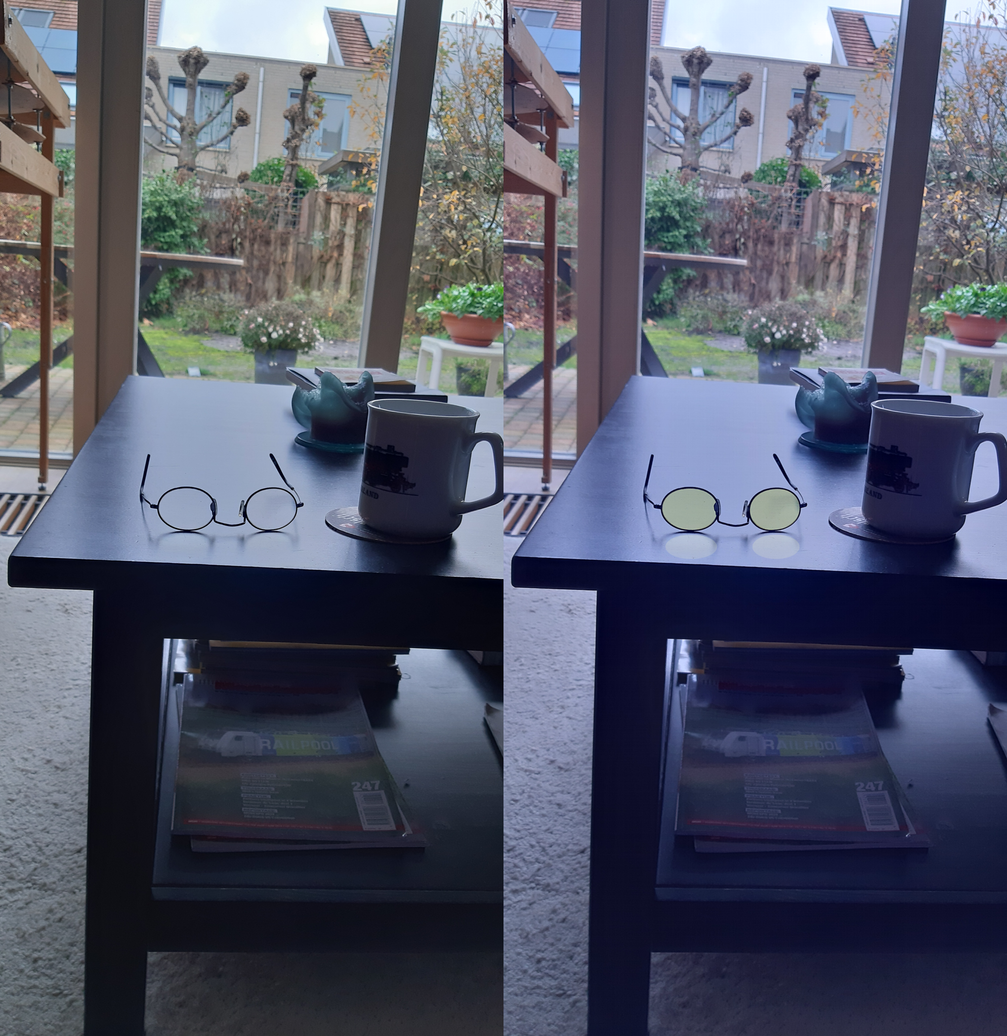 links/rechts verschil kleur van bril op tafel